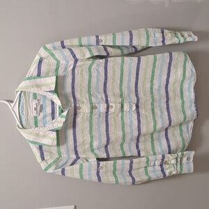 Vineyard Vines White Green Blue Striped Linen Cotton Popover Shirt Top - Size 0